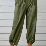 Women's Linen Cropped Pants with Drawstring Waist & Button Hem – Summer Pants for Holidays