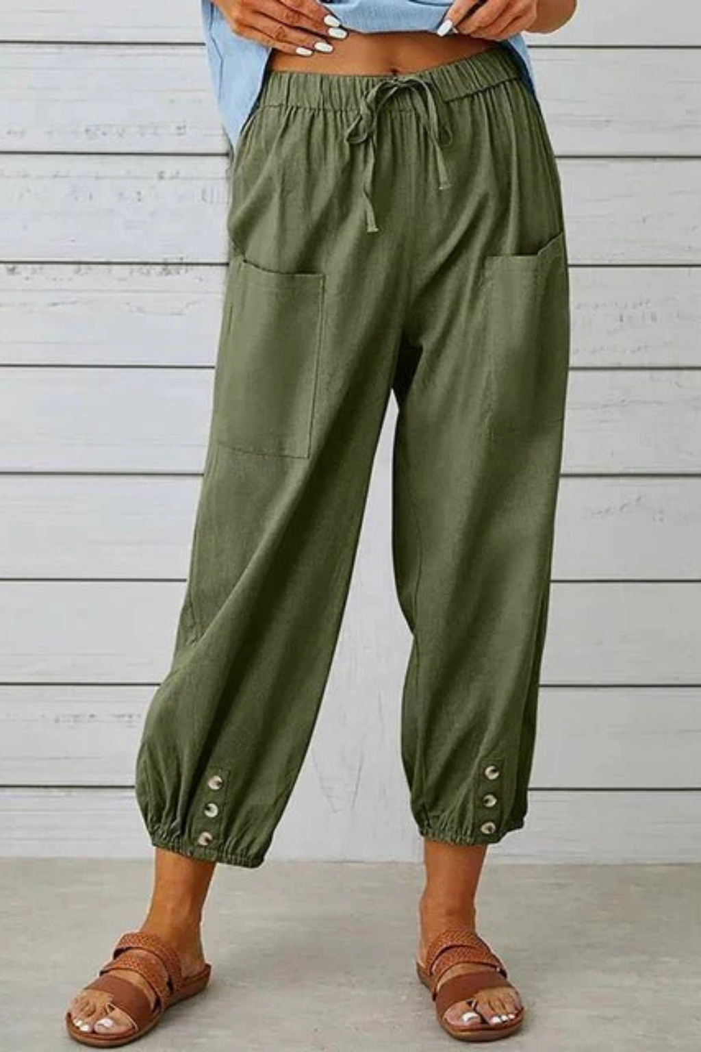 Women's Linen Cropped Pants with Drawstring Waist & Button Hem – Summer Pants for Holidays