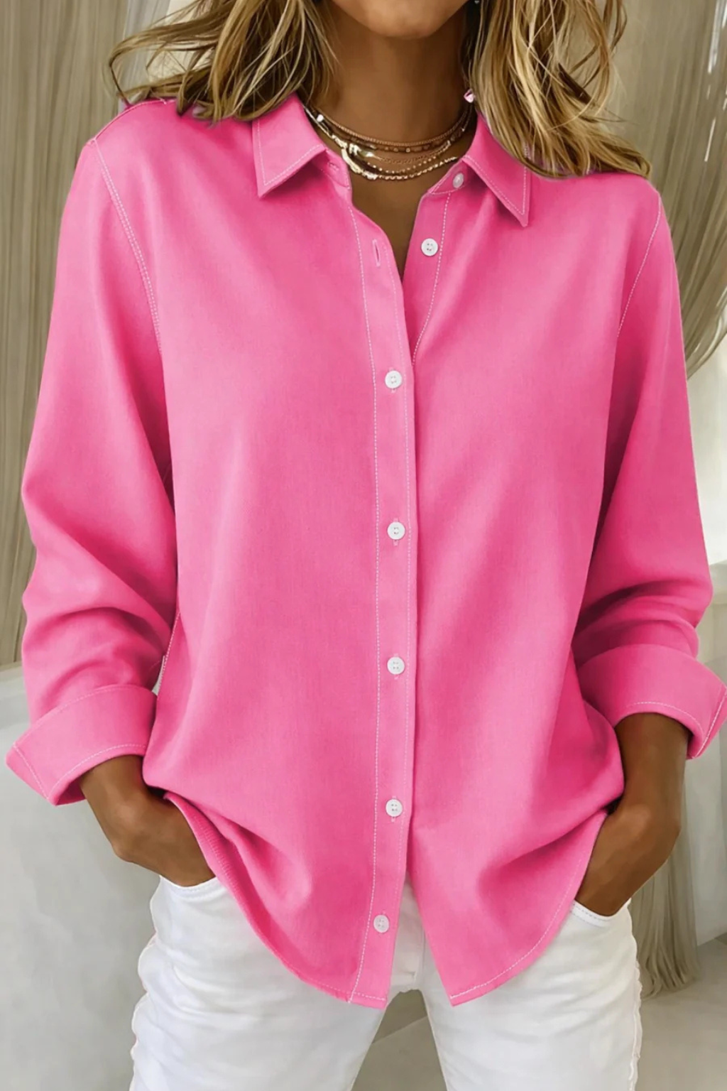 Women's Relaxed Fit Long Sleeve Button Down Shirt – Classic Collared Shirt for Work & Weekend