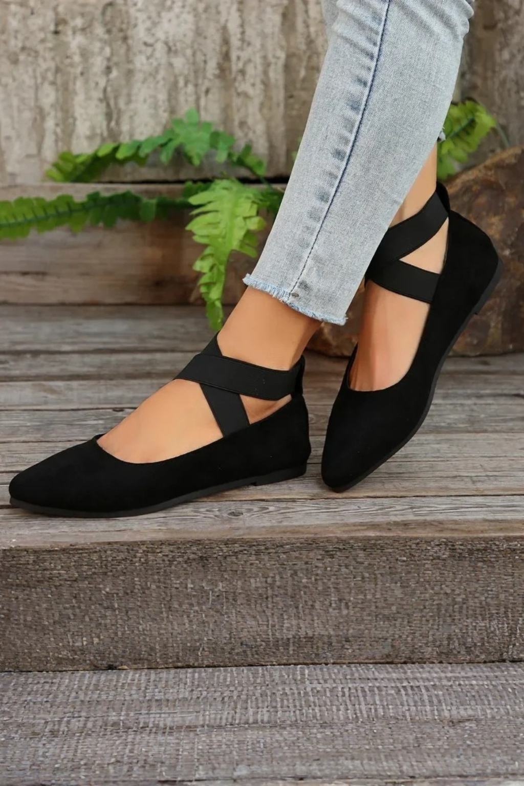 Women's Pointed Toe Ballet Flats with Cross Ankle Straps – Matte Everyday Flat Shoes