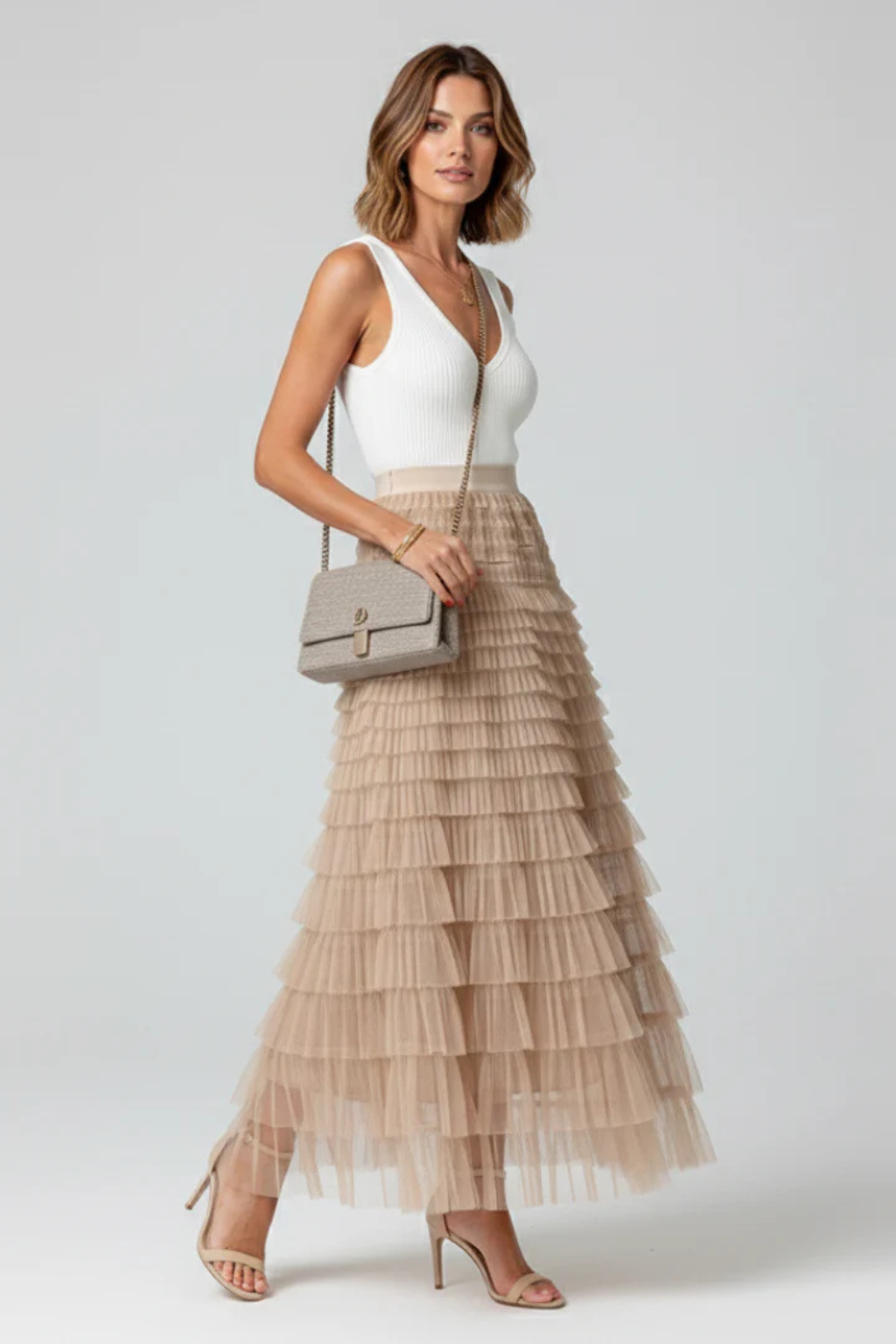 Women's Layered Tulle Tiered Midi Skirt – High Waist Flared Skirt for Occasions