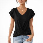 Women's V-Neck Twist Hem Top – Short Sleeve Going Out Top for Summer Evenings