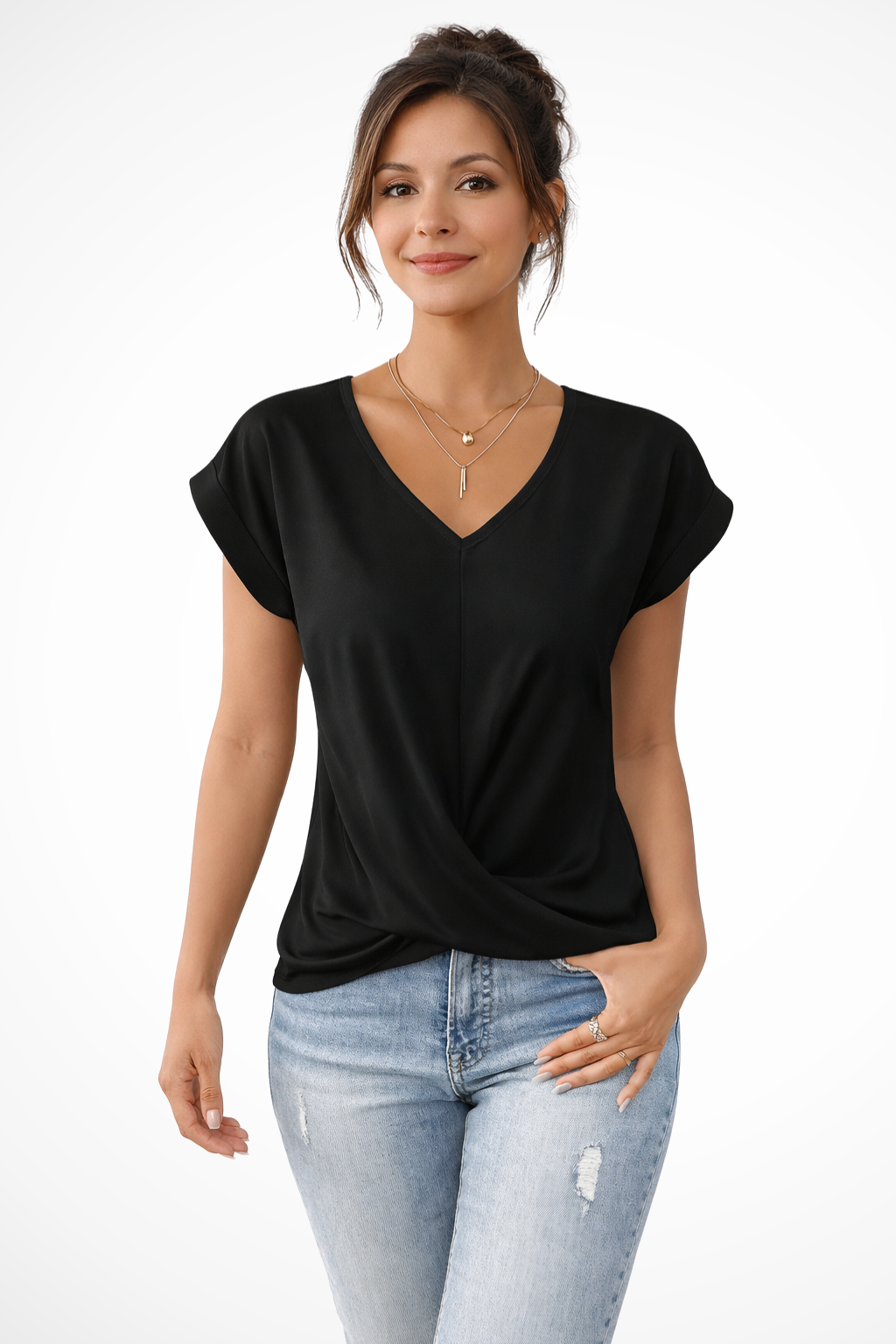 Women's V-Neck Twist Hem Top – Short Sleeve Going Out Top for Summer Evenings