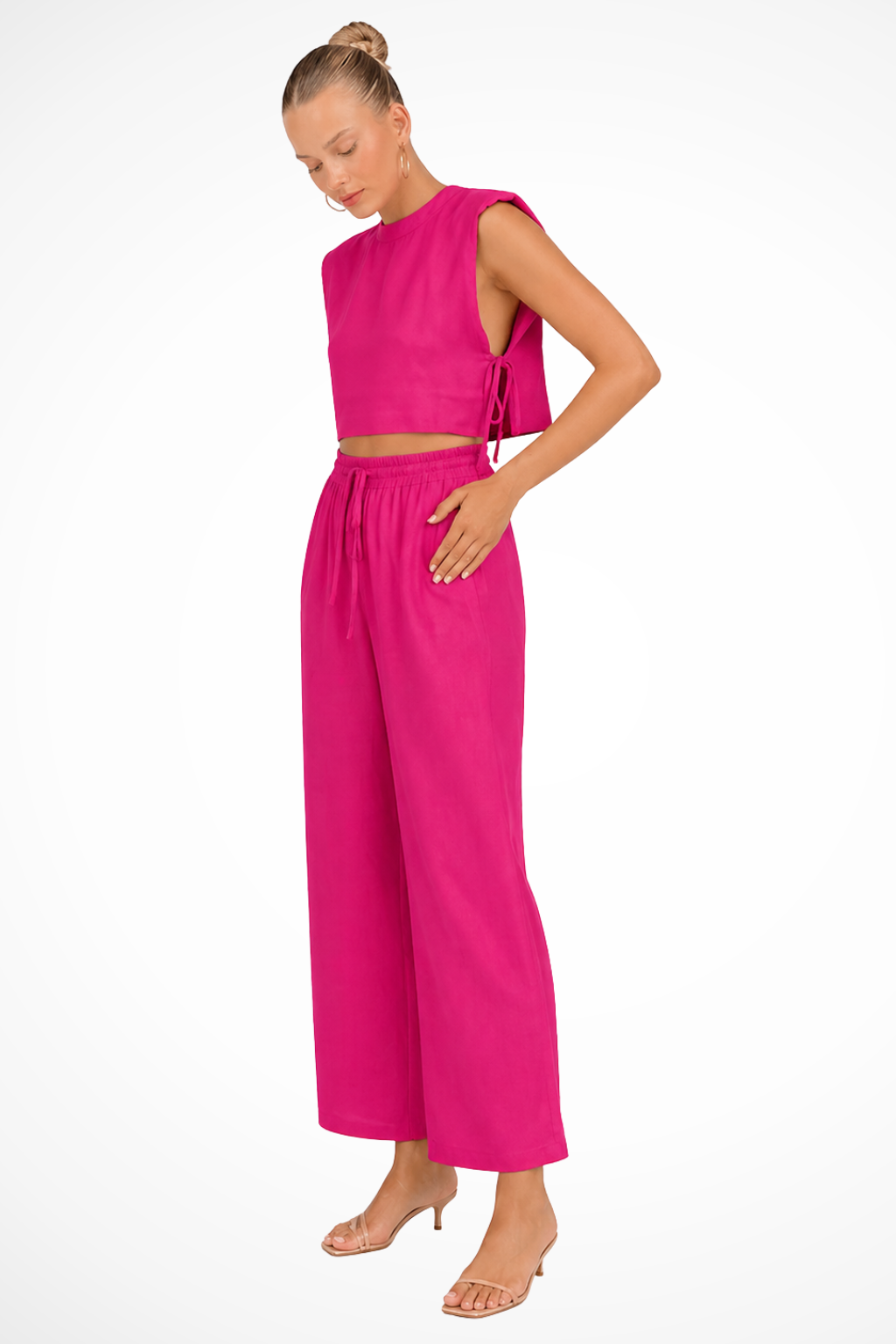Women's Linen Two-Piece Set with Tie-Side Crop Top & Wide Leg Pants – Sleeveless Summer Co-Ord