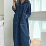 Women's Oversized Collared Denim Maxi Dress with Long Sleeves & Patch Pockets