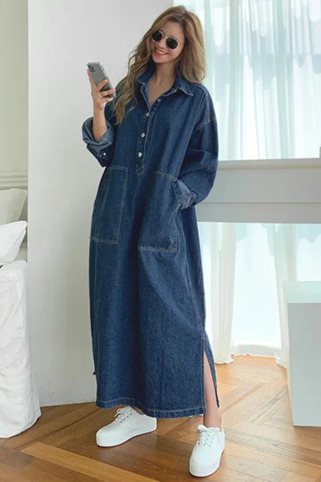 Women's Oversized Collared Denim Maxi Dress with Long Sleeves & Patch Pockets
