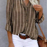 Women's Vertical Striped Button-Up Blouse – Relaxed Fit Shirt with Curved Hem for Everyday