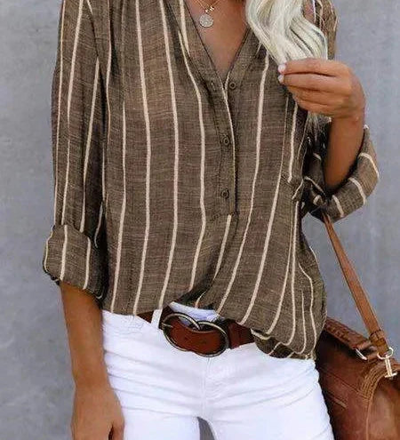 Women's Vertical Striped Button-Up Blouse – Relaxed Fit Shirt with Curved Hem for Everyday