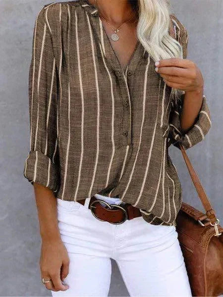 Women's Vertical Striped Button-Up Blouse – Relaxed Fit Shirt with Curved Hem for Everyday