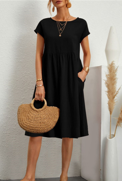 Women's Linen-Look Midi Dress – Relaxed Summer Day Dress for Brunch, Travel & Weekends