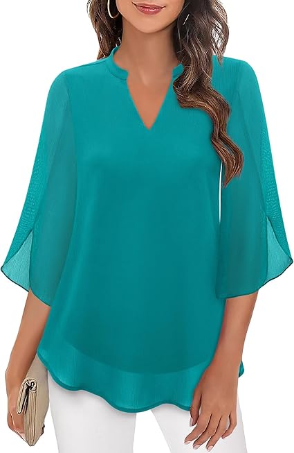 Women's V Neck Blouse with 3/4 Butterfly Sleeves – Flowing Top for Work & Dinner