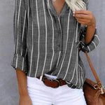 Women's Vertical Striped Button-Up Blouse – Relaxed Fit Shirt with Curved Hem for Everyday