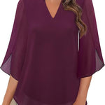 Women's V Neck Blouse with 3/4 Butterfly Sleeves – Flowing Top for Work & Dinner