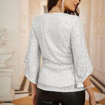 Women's Sequin V-Neck Wrap Blouse with Split Sleeves – Glitter Party and Evening Top
