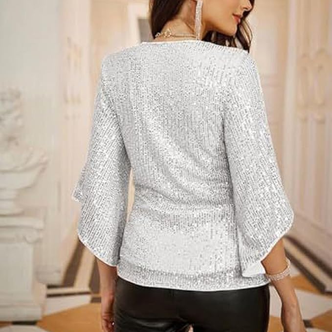 Women's Sequin V-Neck Wrap Blouse with Split Sleeves – Glitter Party and Evening Top