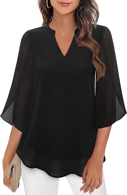 Women's V Neck Blouse with 3/4 Butterfly Sleeves – Flowing Top for Work & Dinner