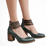 Women's Strappy Ankle Strap Block Heels with Buckles – Closed Toe Smart Casual Shoes
