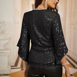 Women's Sequin V-Neck Wrap Blouse with Split Sleeves – Glitter Party and Evening Top