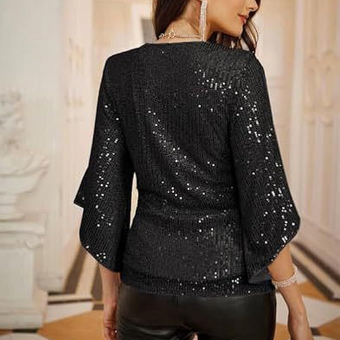 Women's Sequin V-Neck Wrap Blouse with Split Sleeves – Glitter Party and Evening Top