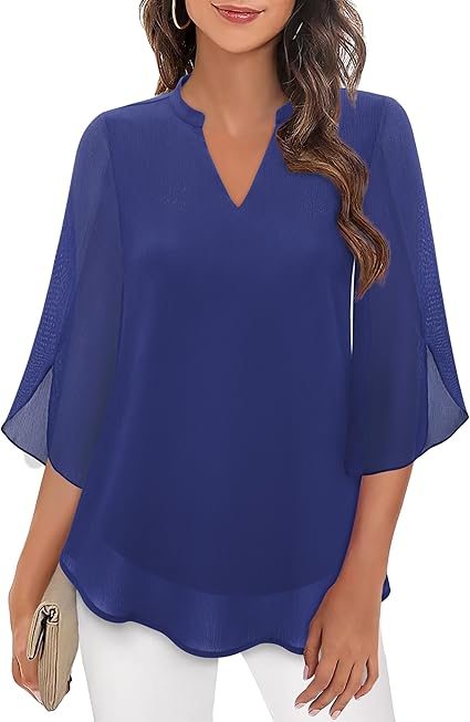 Women's V Neck Blouse with 3/4 Butterfly Sleeves – Flowing Top for Work & Dinner