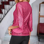 Women's Sequin V-Neck Wrap Blouse with Split Sleeves – Glitter Party and Evening Top
