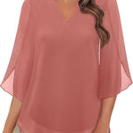 Women's V Neck Blouse with 3/4 Butterfly Sleeves – Flowing Top for Work & Dinner