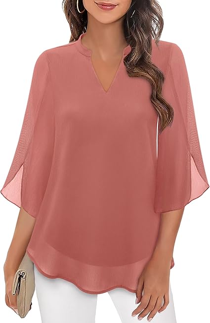 Women's V Neck Blouse with 3/4 Butterfly Sleeves – Flowing Top for Work & Dinner