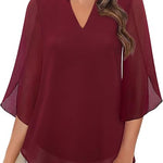 Women's V Neck Blouse with 3/4 Butterfly Sleeves – Flowing Top for Work & Dinner