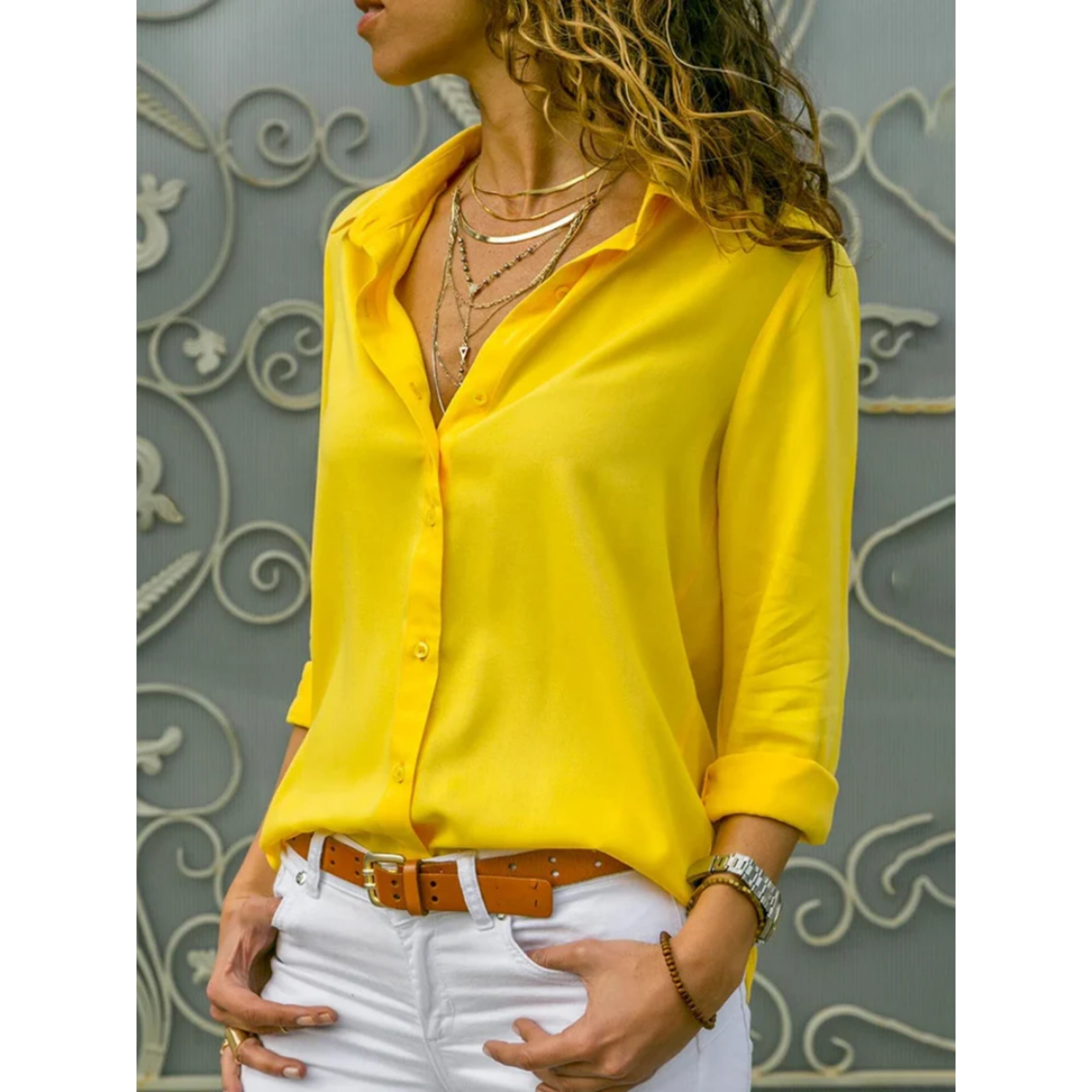 Women's Collared Button-Up Blouse with Long Sleeves – Lightly Fitted Classic Shirt for Work