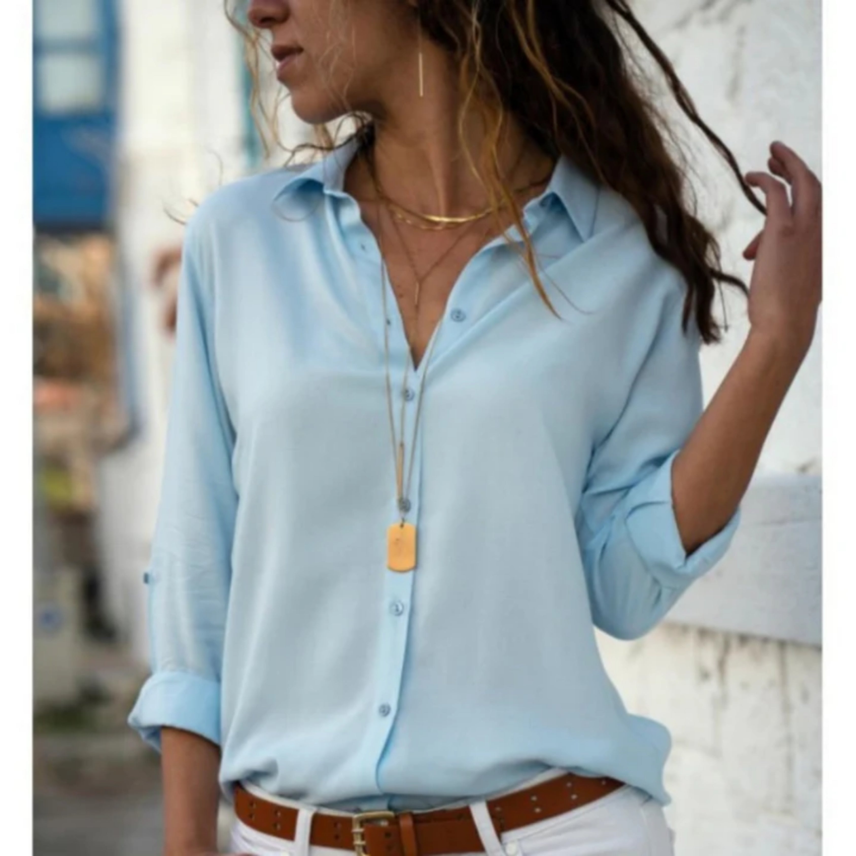 Women's Collared Button-Up Blouse with Long Sleeves – Lightly Fitted Classic Shirt for Work