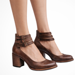Women's Strappy Ankle Strap Block Heels with Buckles – Closed Toe Smart Casual Shoes