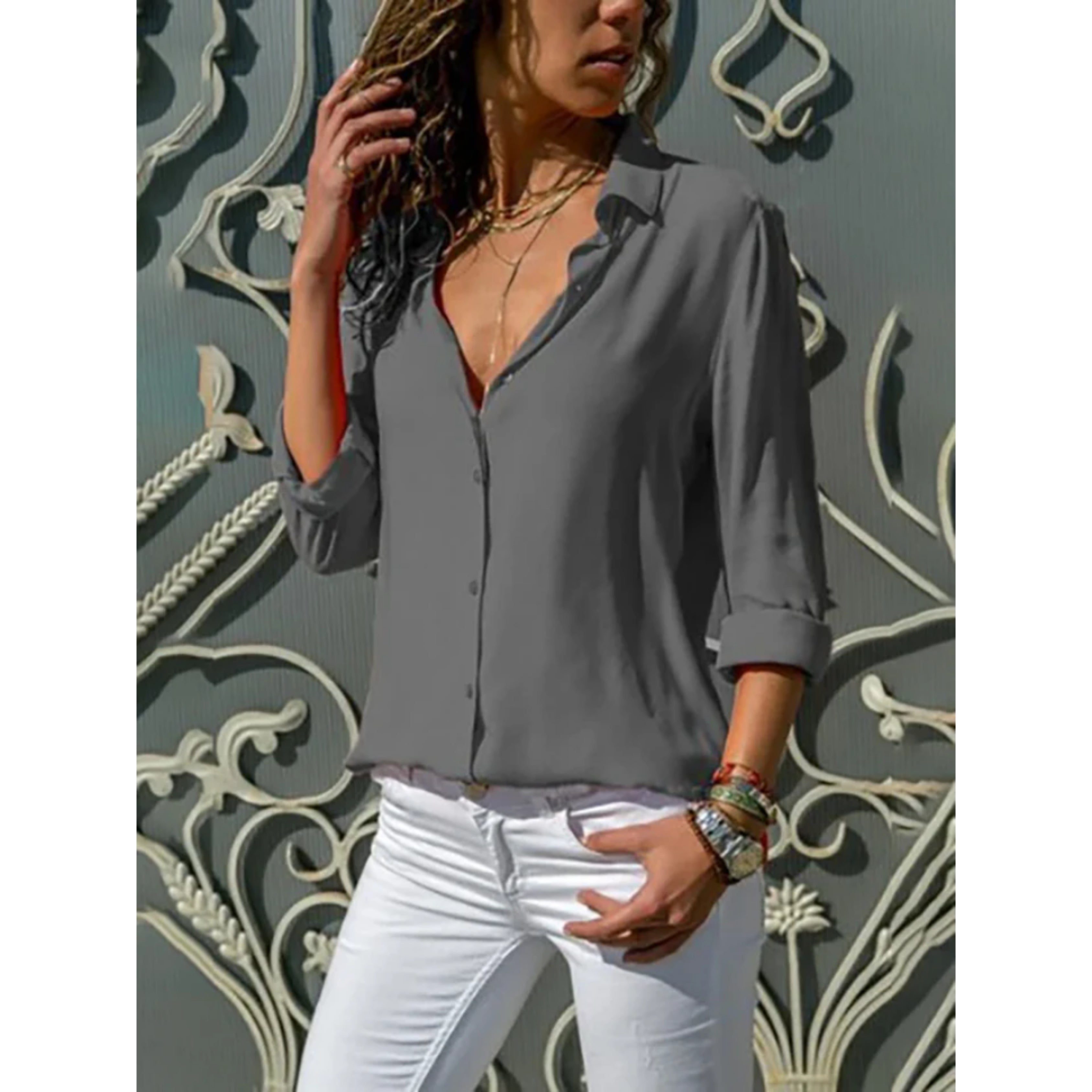 Women's Collared Button-Up Blouse with Long Sleeves – Lightly Fitted Classic Shirt for Work
