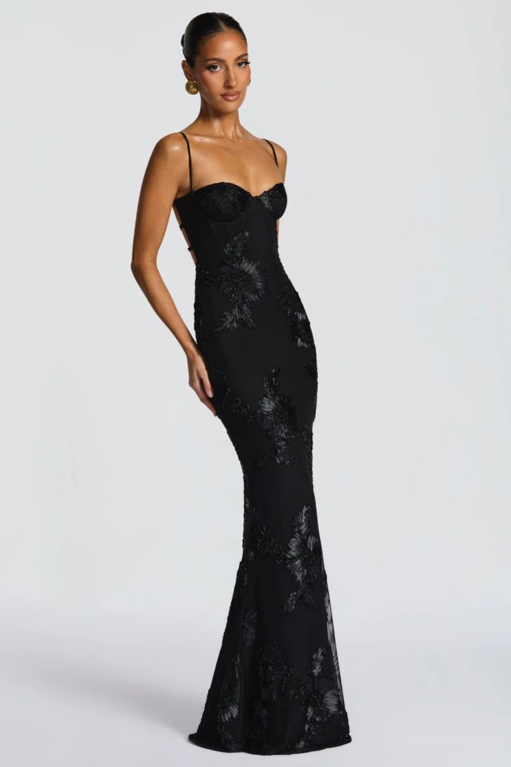 Women's Floral Embroidered Corset Maxi Dress with Cami Straps – Wedding Guest & Formal Dress