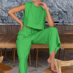 Women's Linen Two-Piece Set with Tie-Side Crop Top & Wide Leg Pants – Sleeveless Summer Co-Ord