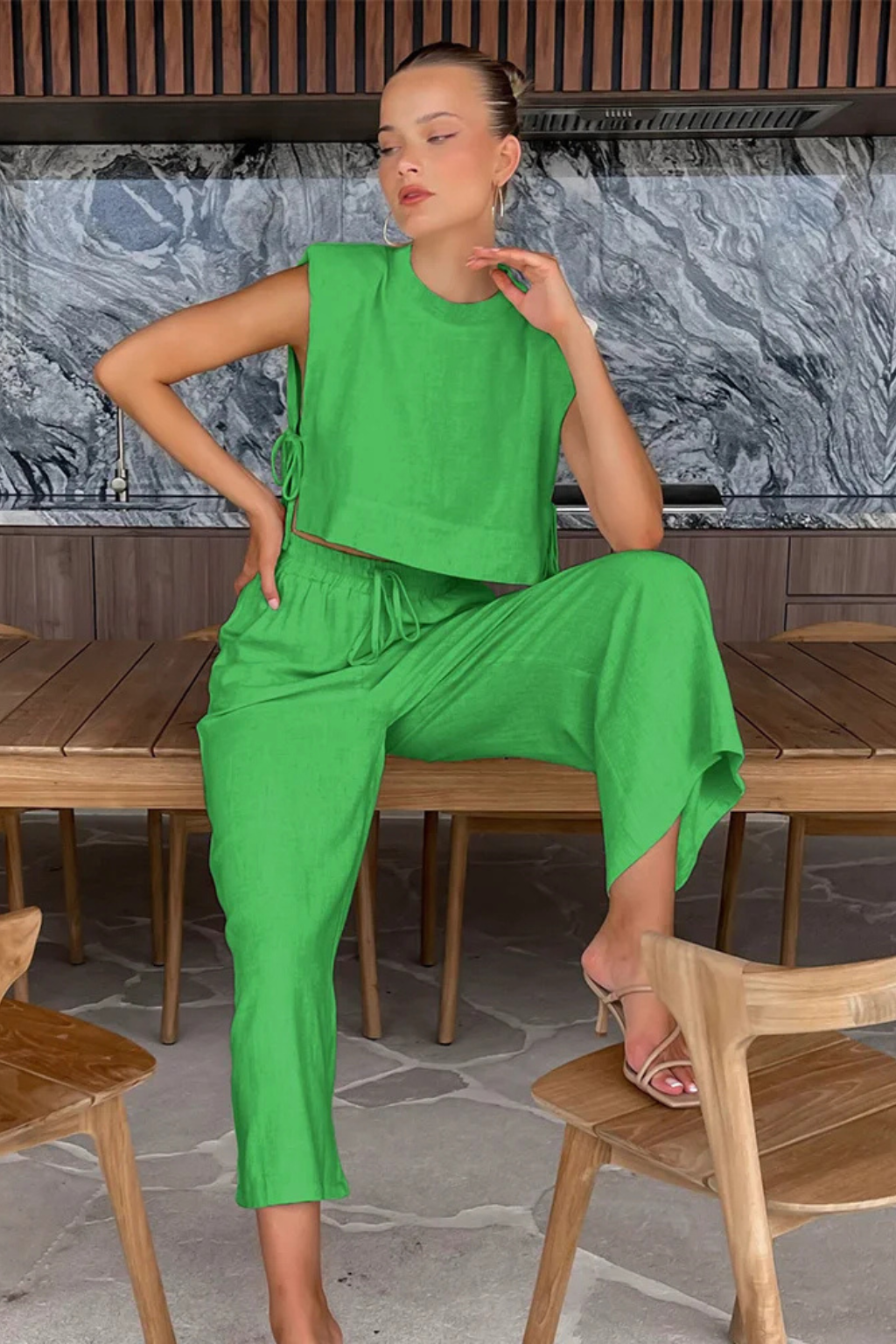 Women's Linen Two-Piece Set with Tie-Side Crop Top & Wide Leg Pants – Sleeveless Summer Co-Ord