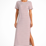 Women's Striped Midi Dress with Short Sleeves & Side Split – Casual Summer Day Dress