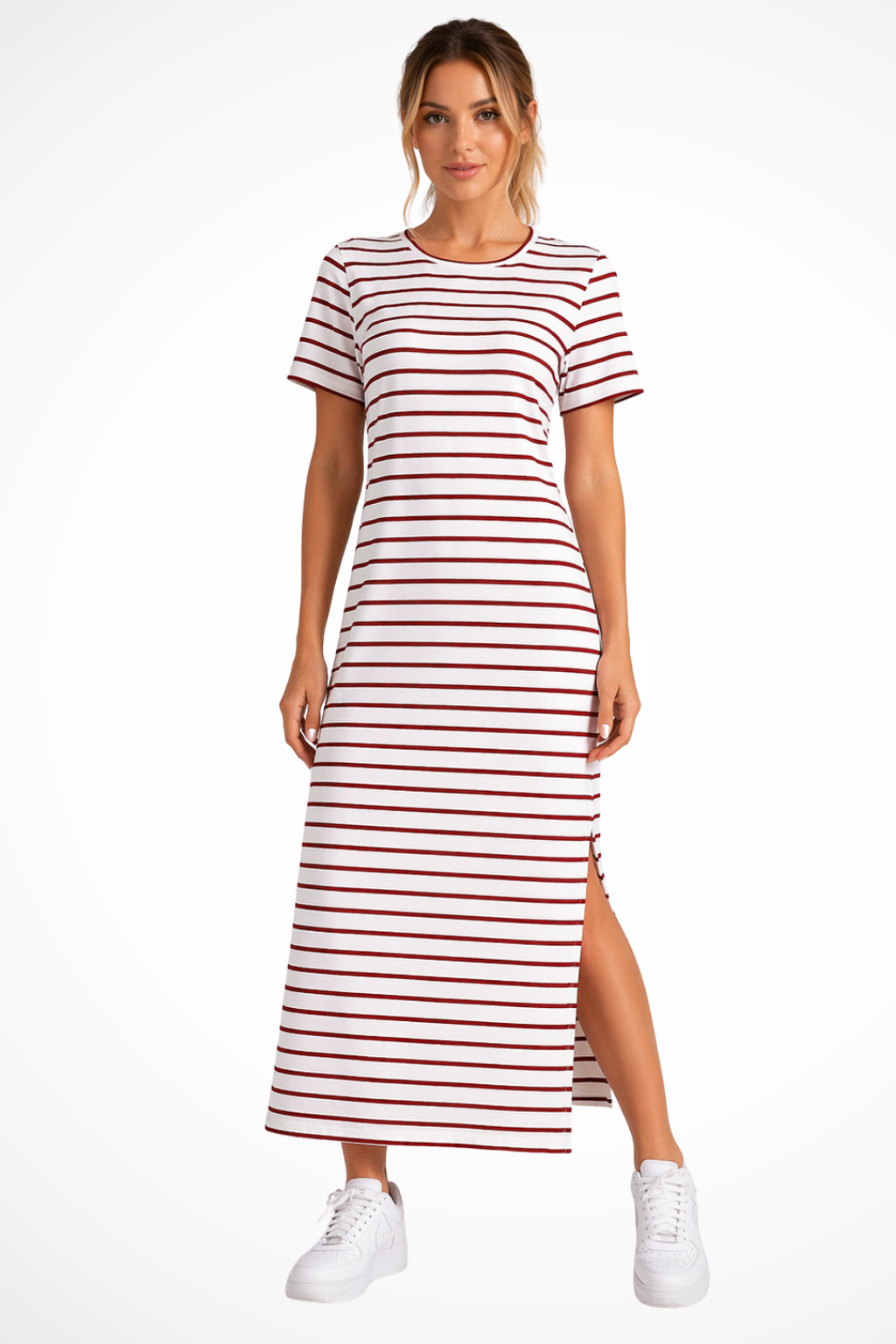 Women's Striped Midi Dress with Short Sleeves & Side Split – Casual Summer Day Dress
