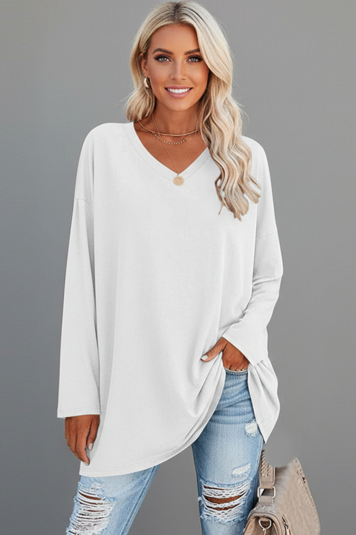 Women's V Neck Long Sleeve Top – Loose Fit Pull-On Everyday Top for Work & Weekend