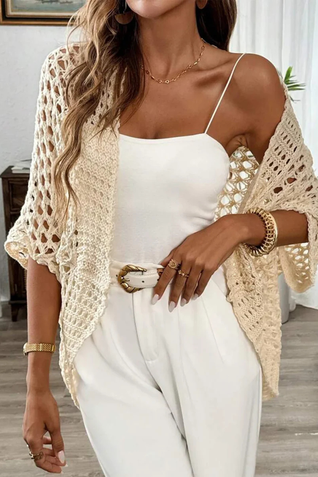 Women's Short Sleeve Crochet Cardigan – Open-Front Cropped Summer Cover-Up