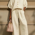 Women's Linen Co-Ord Set with Peter Pan Collar Blouse & Wide Leg Pants – Two-Piece Outfit