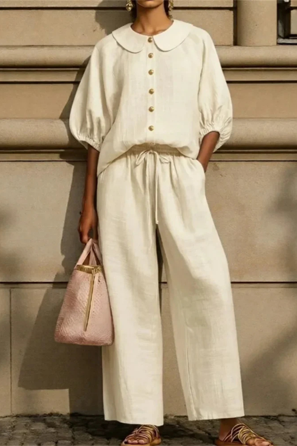 Women's Linen Co-Ord Set with Peter Pan Collar Blouse & Wide Leg Pants – Two-Piece Outfit
