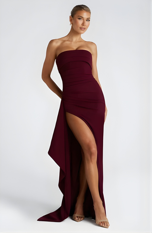 Women's Strapless Twisted Bodice Maxi Dress with High Slit – Formal Evening and Wedding Guest Gown
