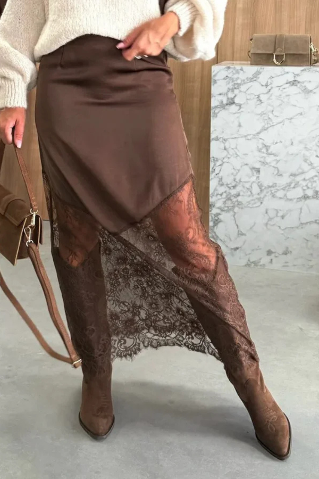 Women's Satin Asymmetric Maxi Skirt with Lace Hem – Elegant Skirt for Weddings & Evening Events
