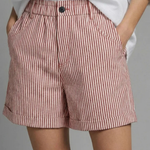 Women's Striped High-Waist Tailored Shorts with Button Front – Turn-Up Hem Summer Shorts
