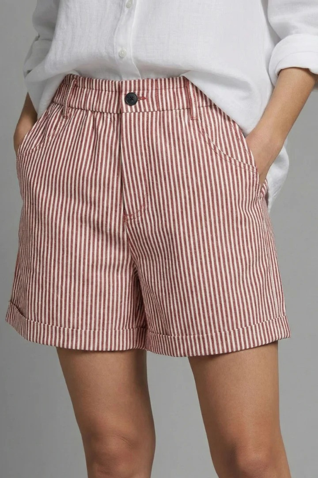 Women's Striped High-Waist Tailored Shorts with Button Front – Turn-Up Hem Summer Shorts