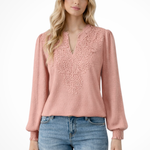 Women's Lace Applique V Neck Blouse with Balloon Sleeves – Dobby Chiffon Occasion Top