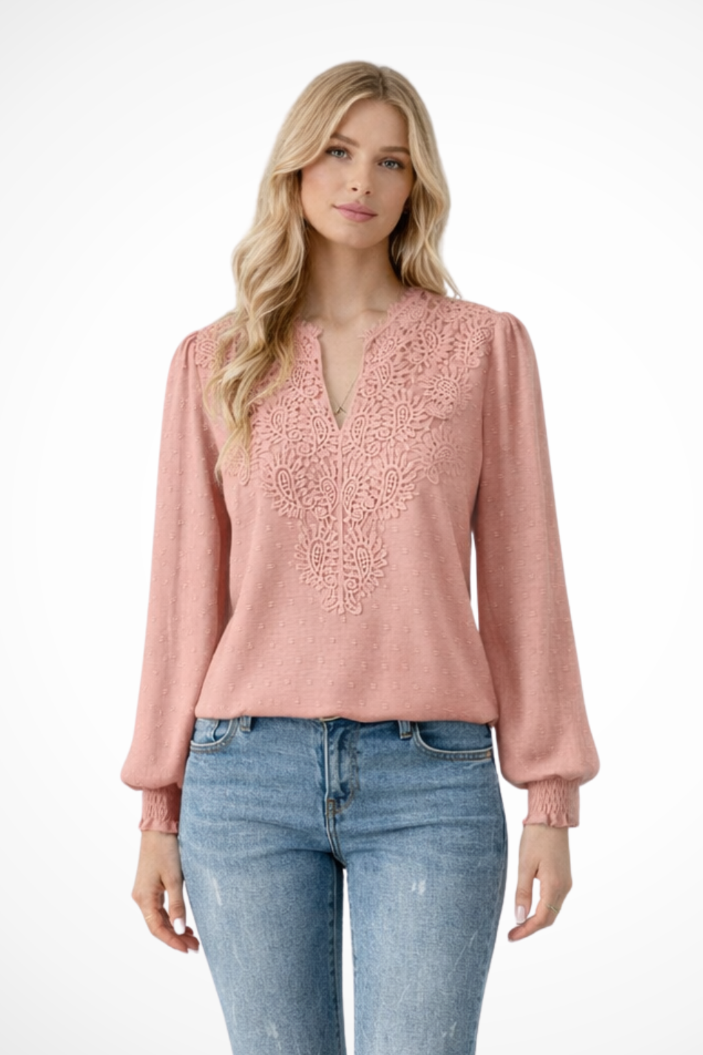 Women's Lace Applique V Neck Blouse with Balloon Sleeves – Dobby Chiffon Occasion Top
