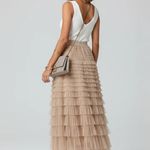 Women's Layered Tulle Tiered Midi Skirt – High Waist Flared Skirt for Occasions