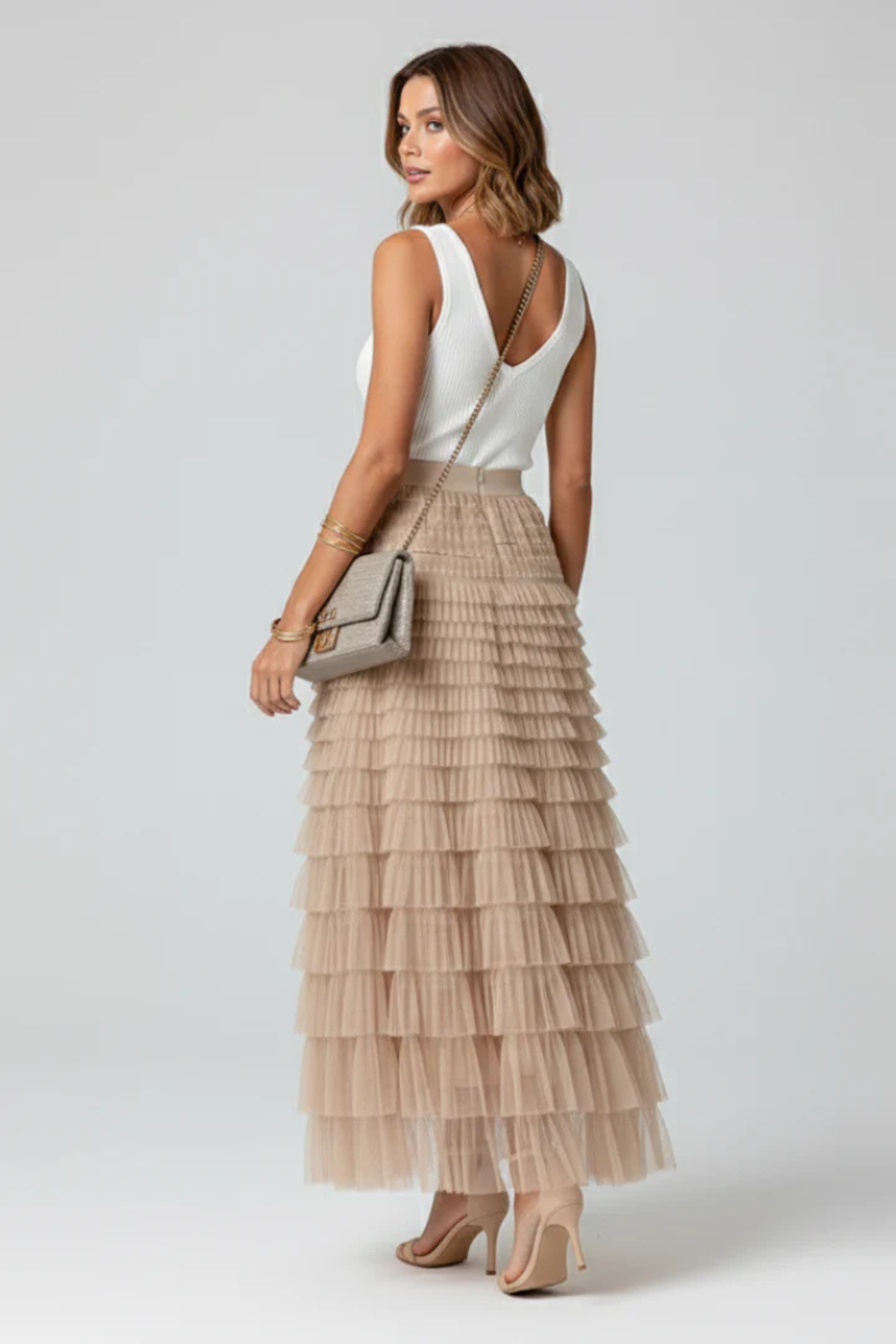 Women's Layered Tulle Tiered Midi Skirt – High Waist Flared Skirt for Occasions