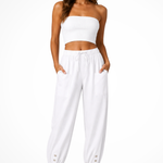 Women's Linen Cropped Pants with Drawstring Waist & Button Hem – Summer Pants for Holidays